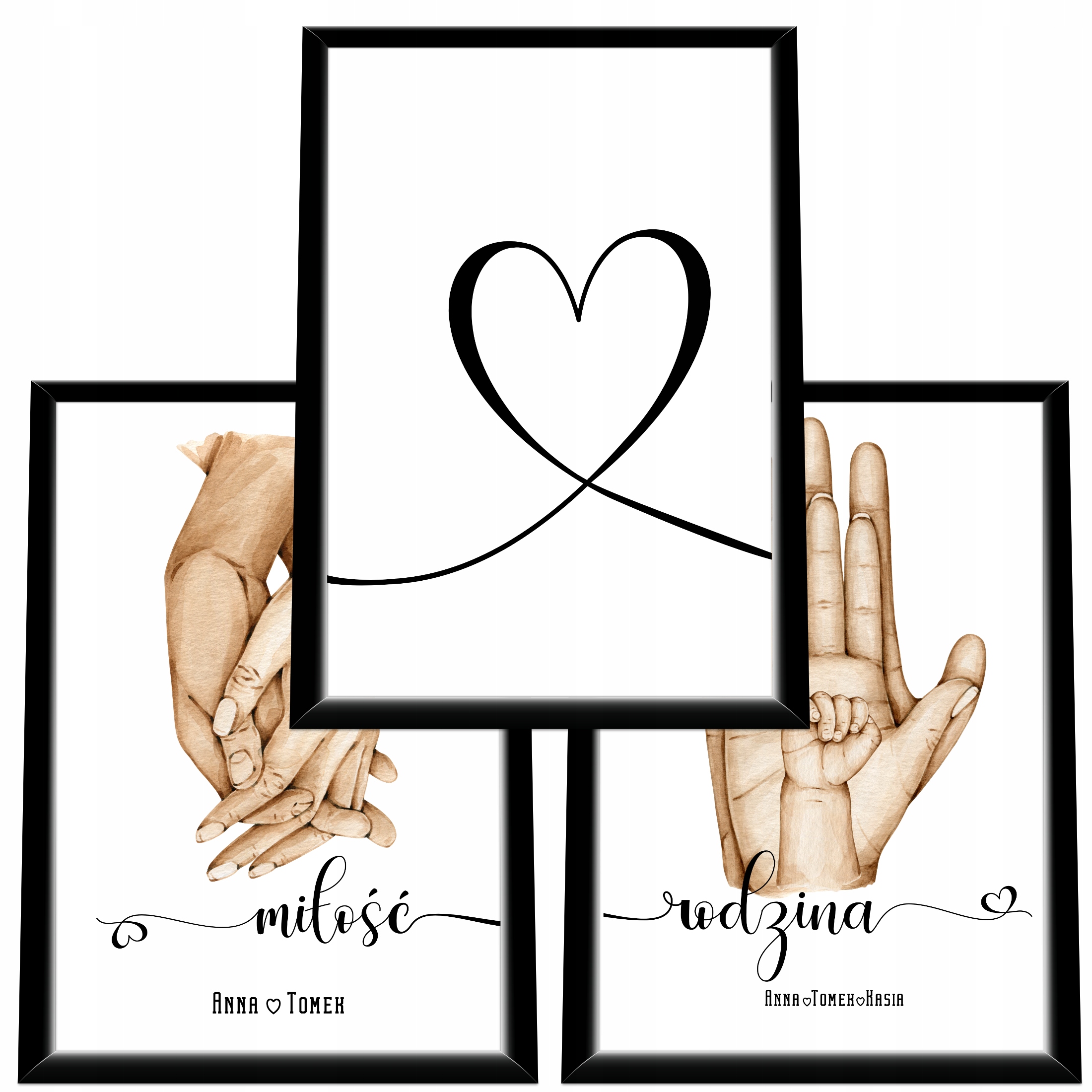 Zestaw 3 x Plakat RODZINA DŁONIE MIŁOŚĆ A4 Imiona Wzory Obrazy + RAMKI