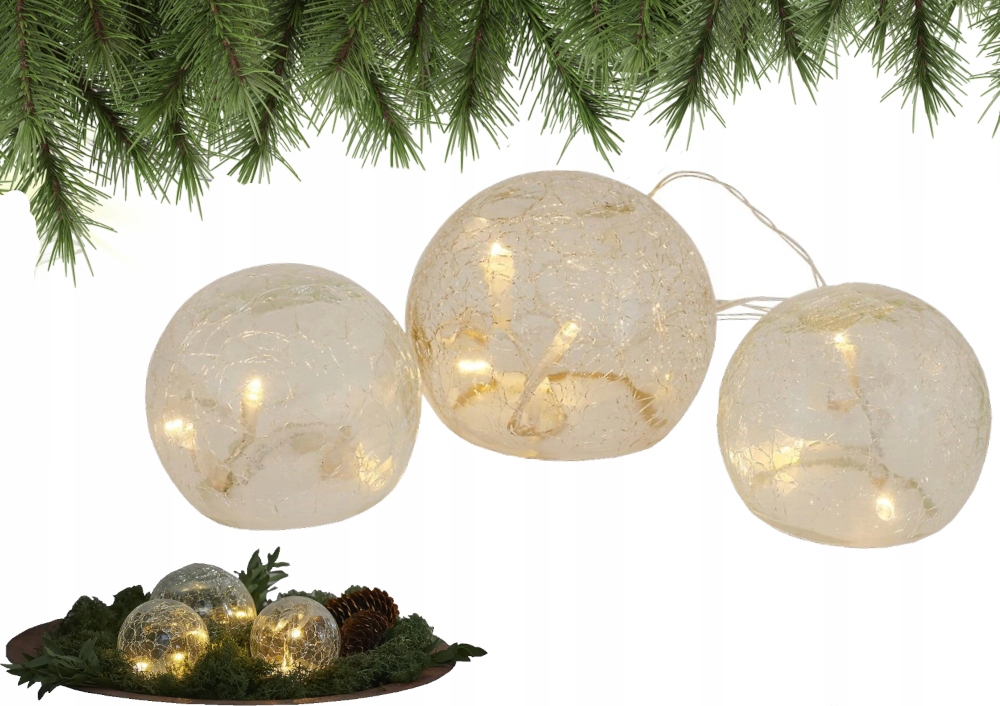 ZESTAW SZKLANE KULE DEKORACYJNE LED BIAŁE 3 SZT