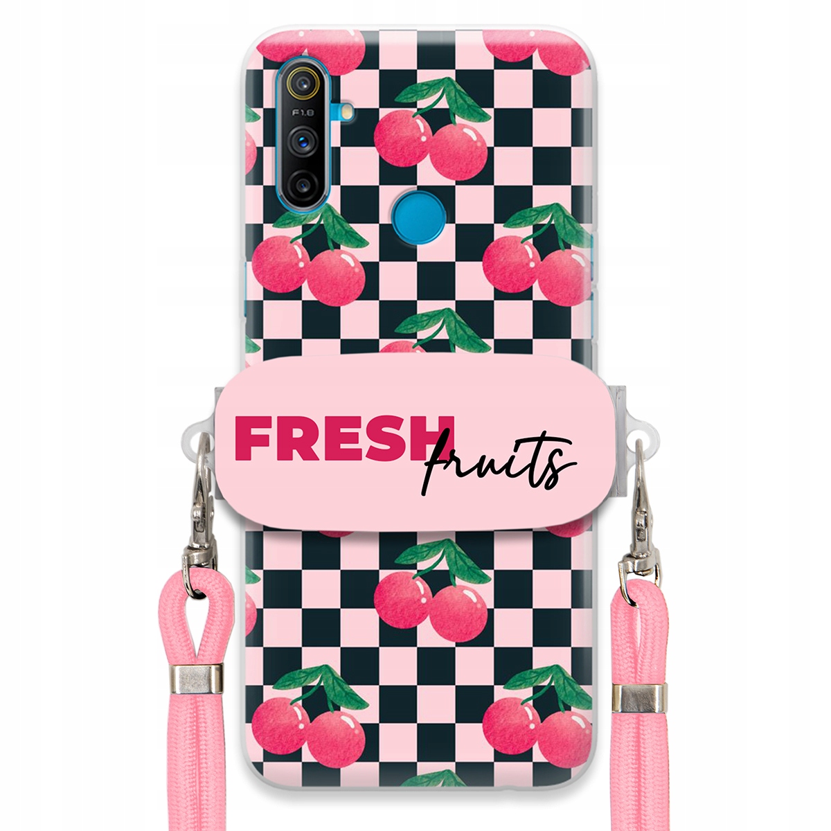 Pouzdro pro Realme C3 Vodítko Pink Crossbody Funkční rukojeť Fresh Fruits