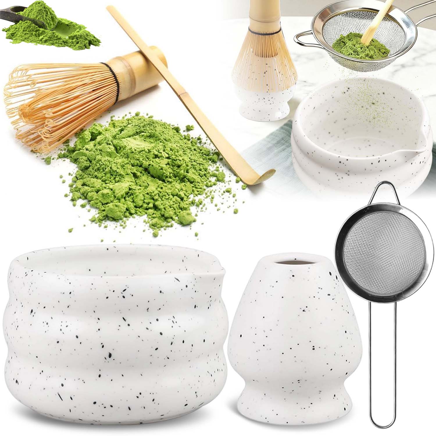 Levně Bambusová Šlehací Metla Na Matchu Matcha 5V1 Sada Prémiové Keramiky