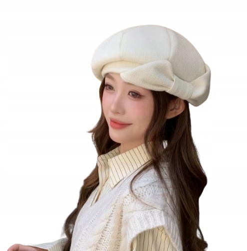 BERET KASZKIET DAMSKI KOBIECY JAPOŃSKI UROCZY KOKARDKA biały