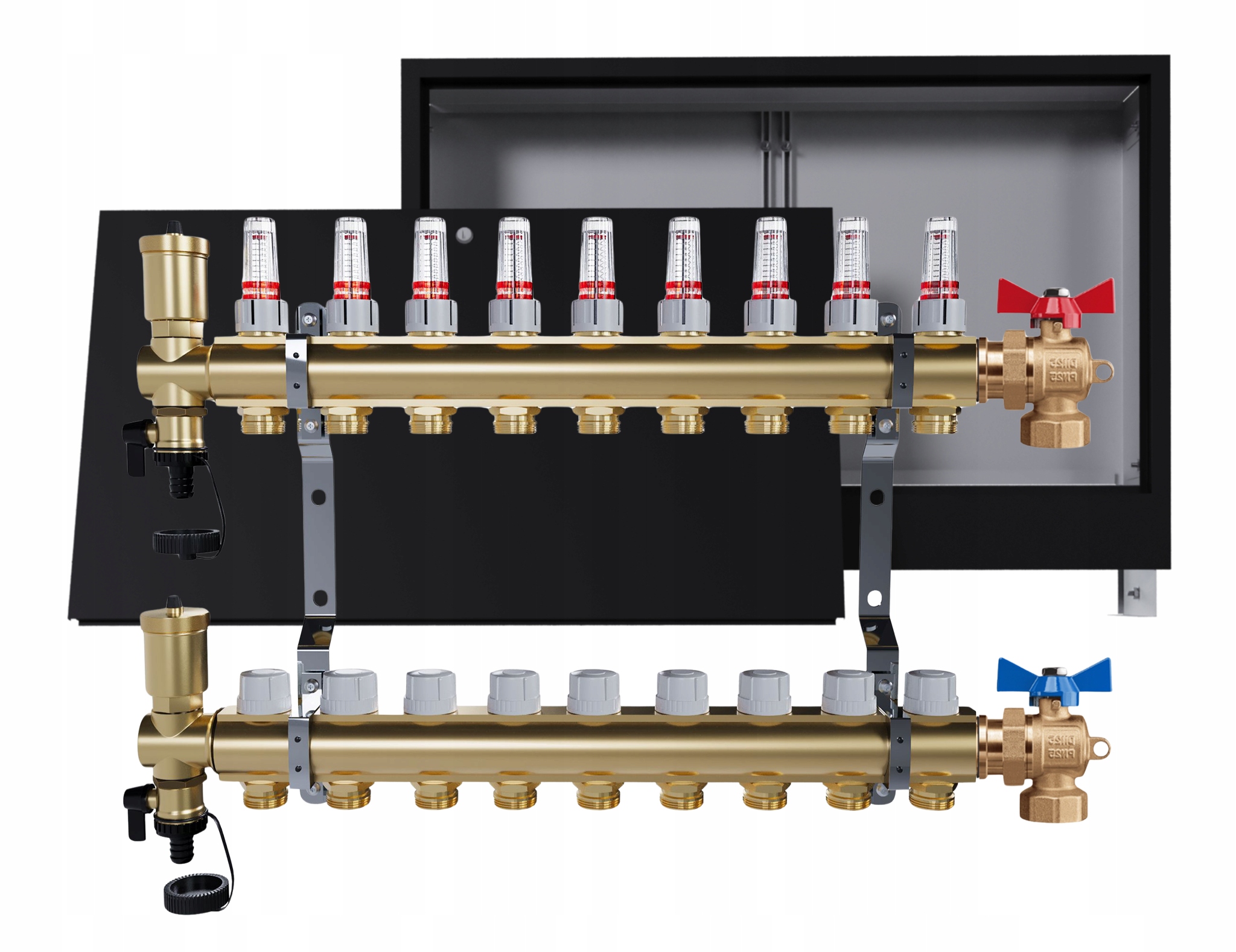 Rozdělovač podlahových krytin mosazný 9 okruhů podomítková skříň ventily