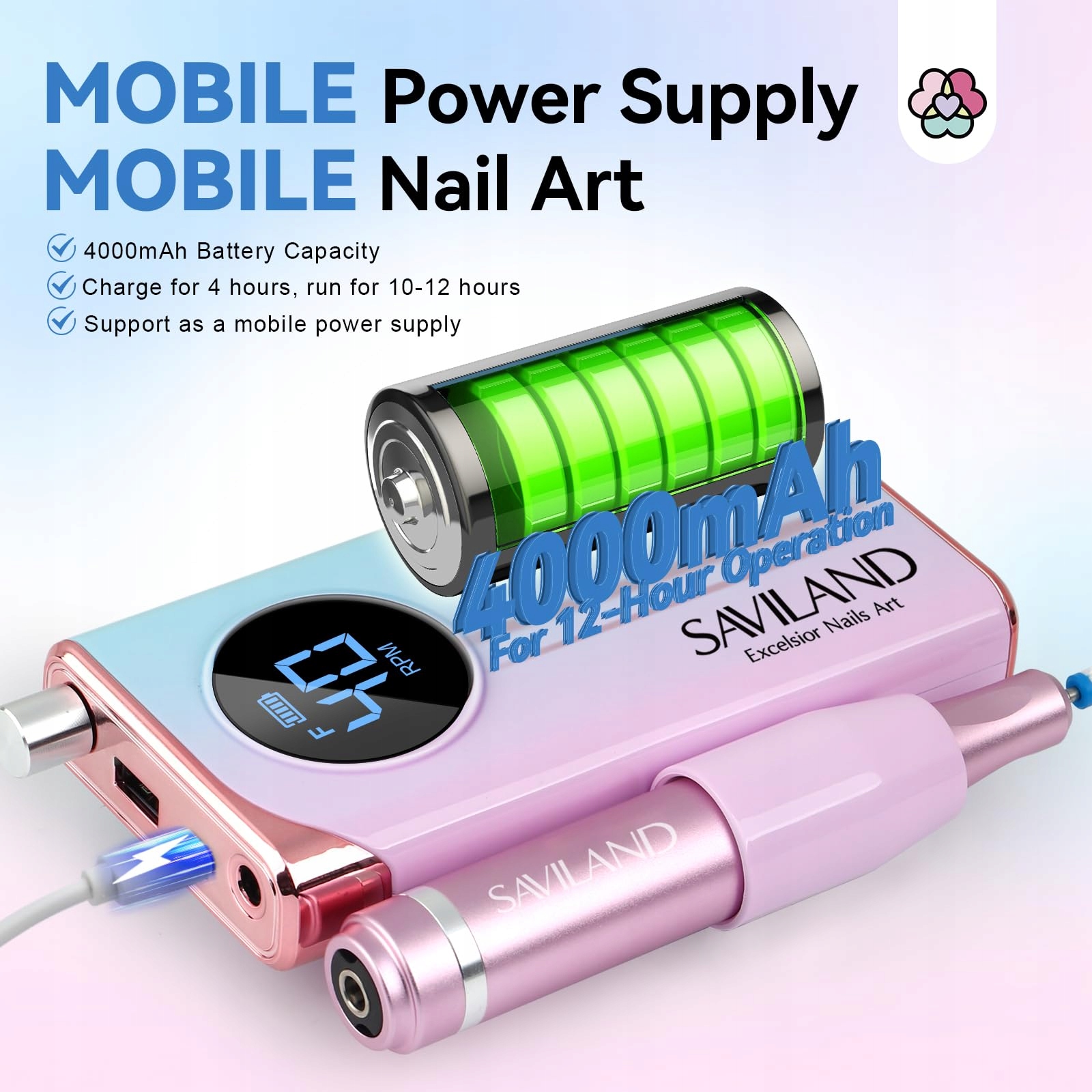 SAVILAND Elektryczna Frezarka Do Paznokci 40000RPM Manicure Pedicure Domowy — miniatura 4