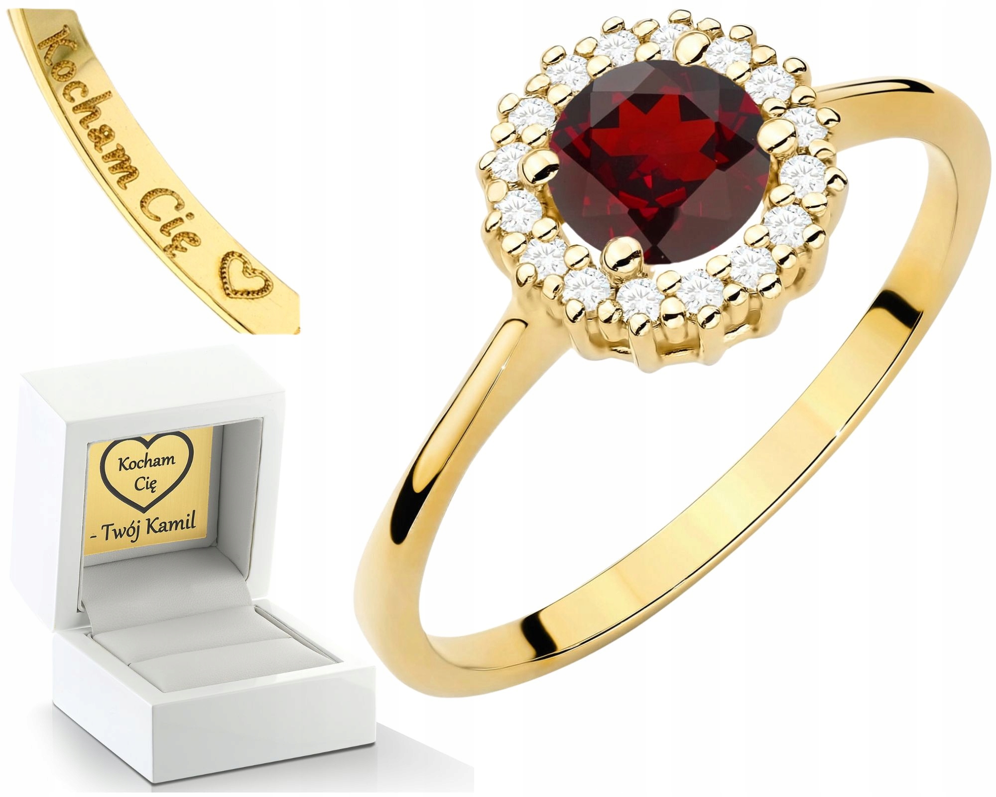 Zlatý Prstýnek S Granátem A Diamanty Bonus Gravírování 585 Dárek