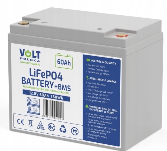 Akumulator LiFePO4 12,8V 60Ah (60A) Bms Bezobsługowy (kamper Łódź Ups)