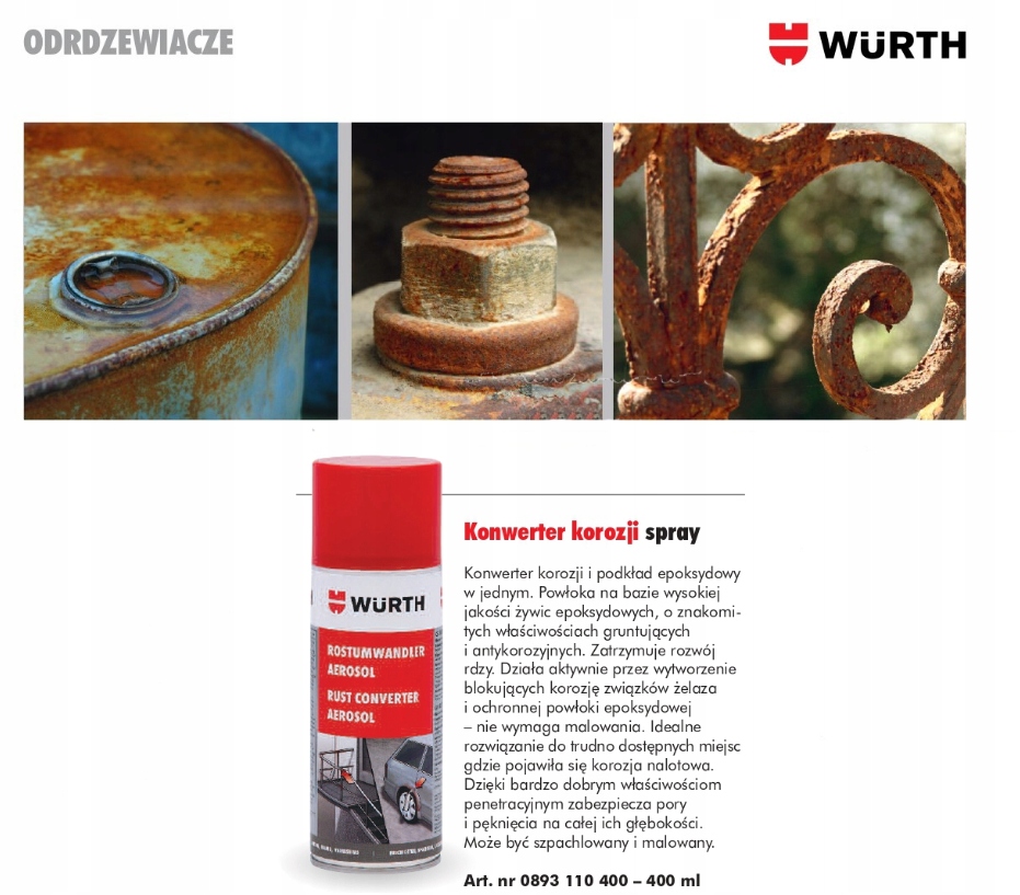 WURTH SPRAY ANTYKOROZYJNY NA RDZĘ - KONWERTER - NEUTRALIZATOR RDZY 400ml Stan opakowania oryginalne