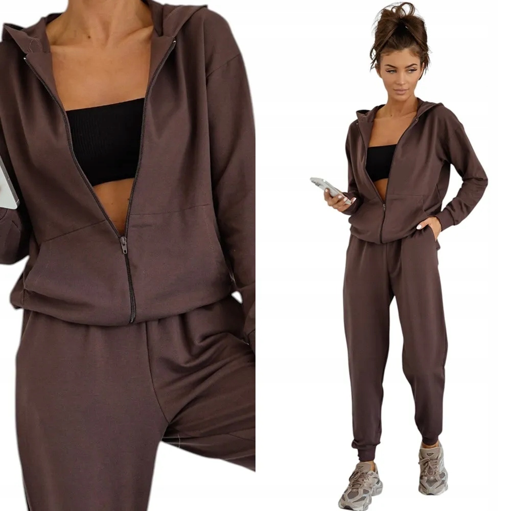 Dámská bavlněná Teplákovka souprava s kapucí velikost XL 42, hnědá