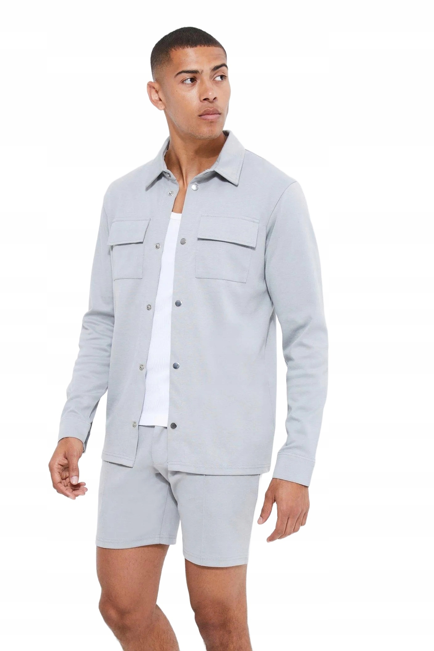 Boohooman Pánský Komplet Šortek A Košile Na Druky Šedý Melír L Z3A