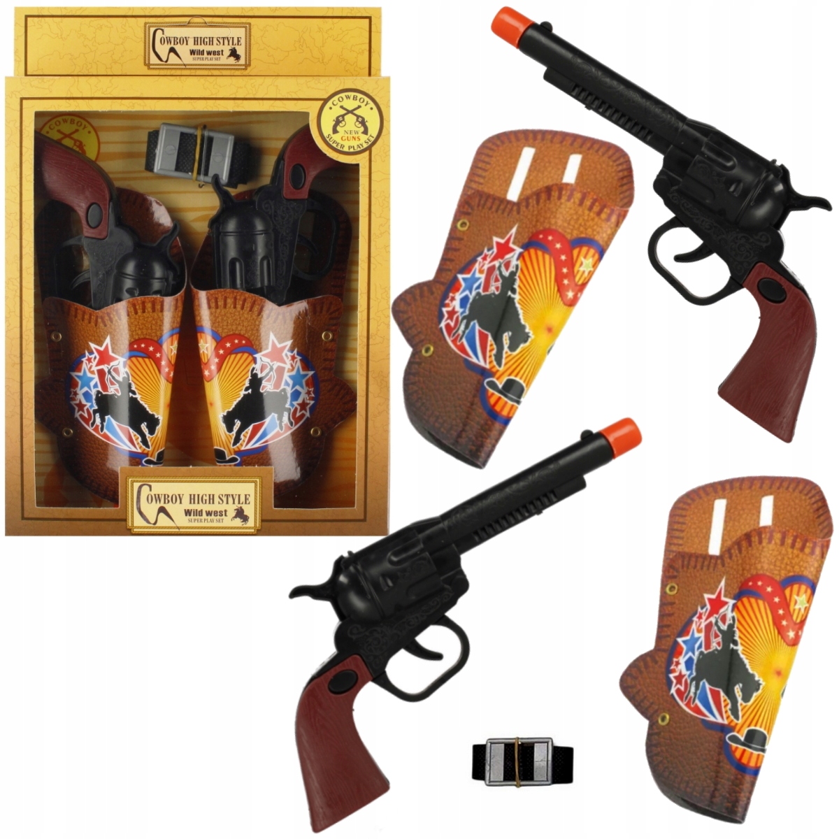 ZESTAW KOWBOJSKI 2 PISTOLETY REWOLWERY KABURY PAS SZERYF KOWBOJ