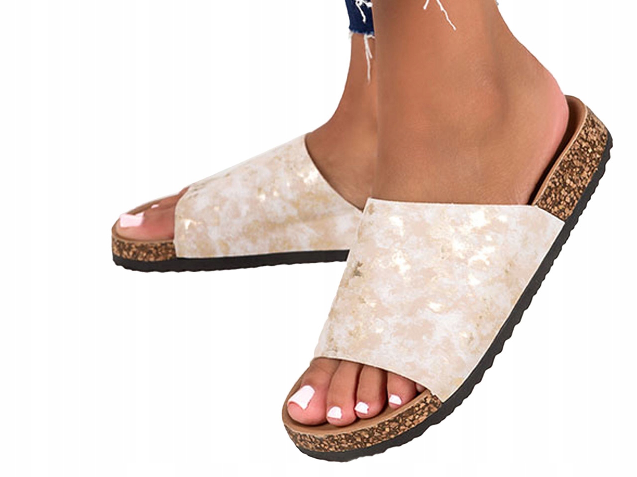 KLAPKI DAMSKIE Z KORKOWĄ PROFILOWANĄ PODESZWĄ r 38