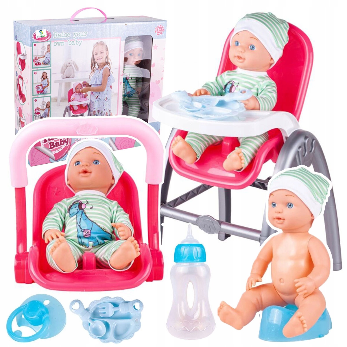 BOBAS LALKA W NOSIDEŁKU krzesełko do karmienia nocnik SIUSIAJĄCA +AKCESORIA