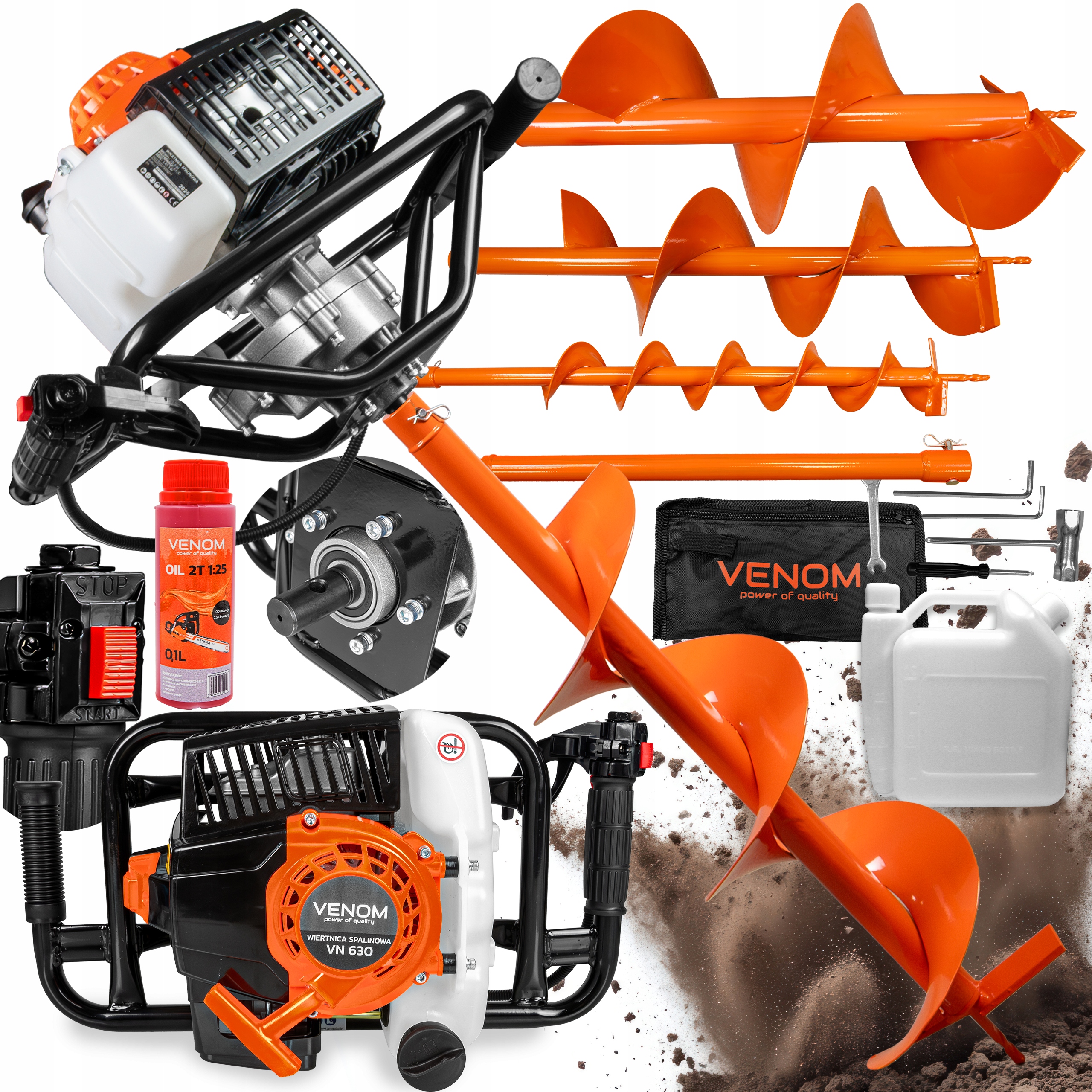 Výkonná Benzínová Vrtačka Venom, 3 Vrtáky 30/20/10 CM Prodlužovací Nástavec