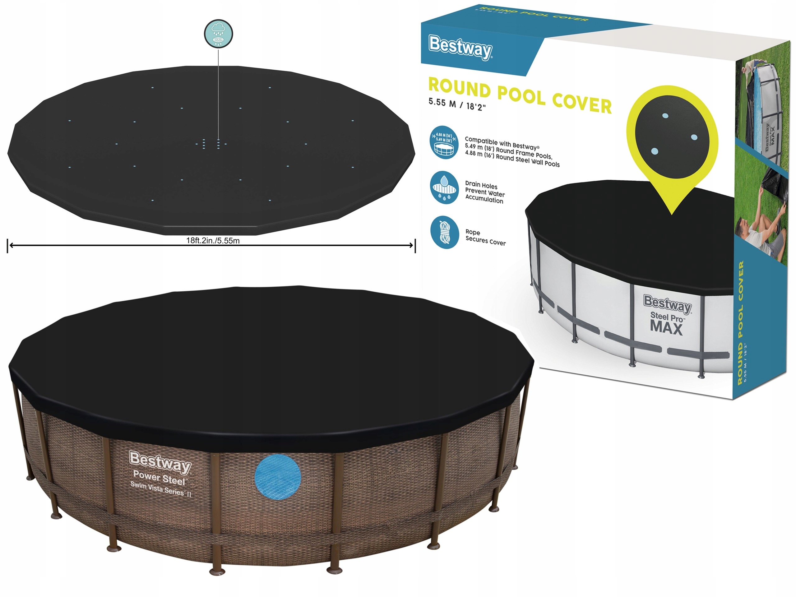 wytrzymała Pokrywa Bestway 555cm na okrągły basen stelażowy 18FT 549 cm
