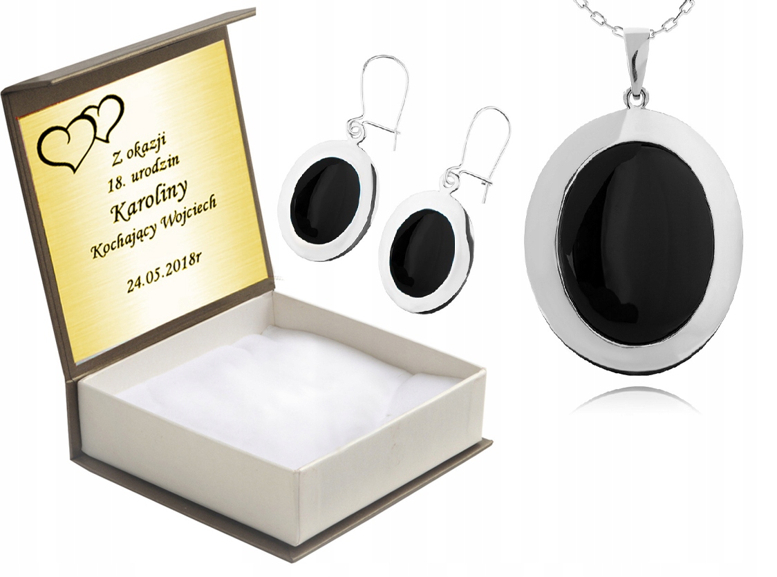 

Komplet Biżuterii Srebrnej Z Onyksami+ Grawer