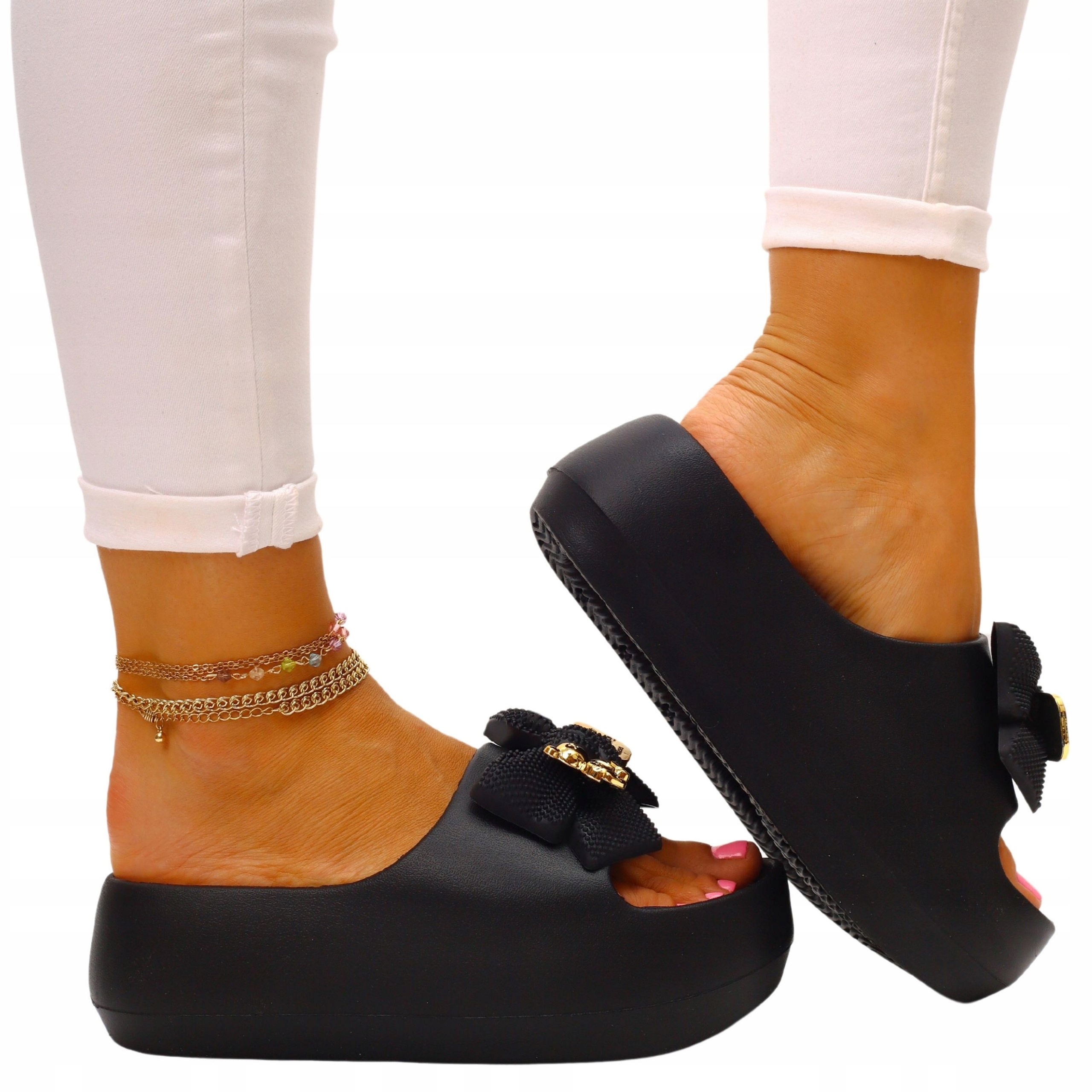 DAMSKIE KLAPKI CZARNE PIANKA KAPCIE LEKKIE WYGODNE PLATFORMA Rozmiar 40