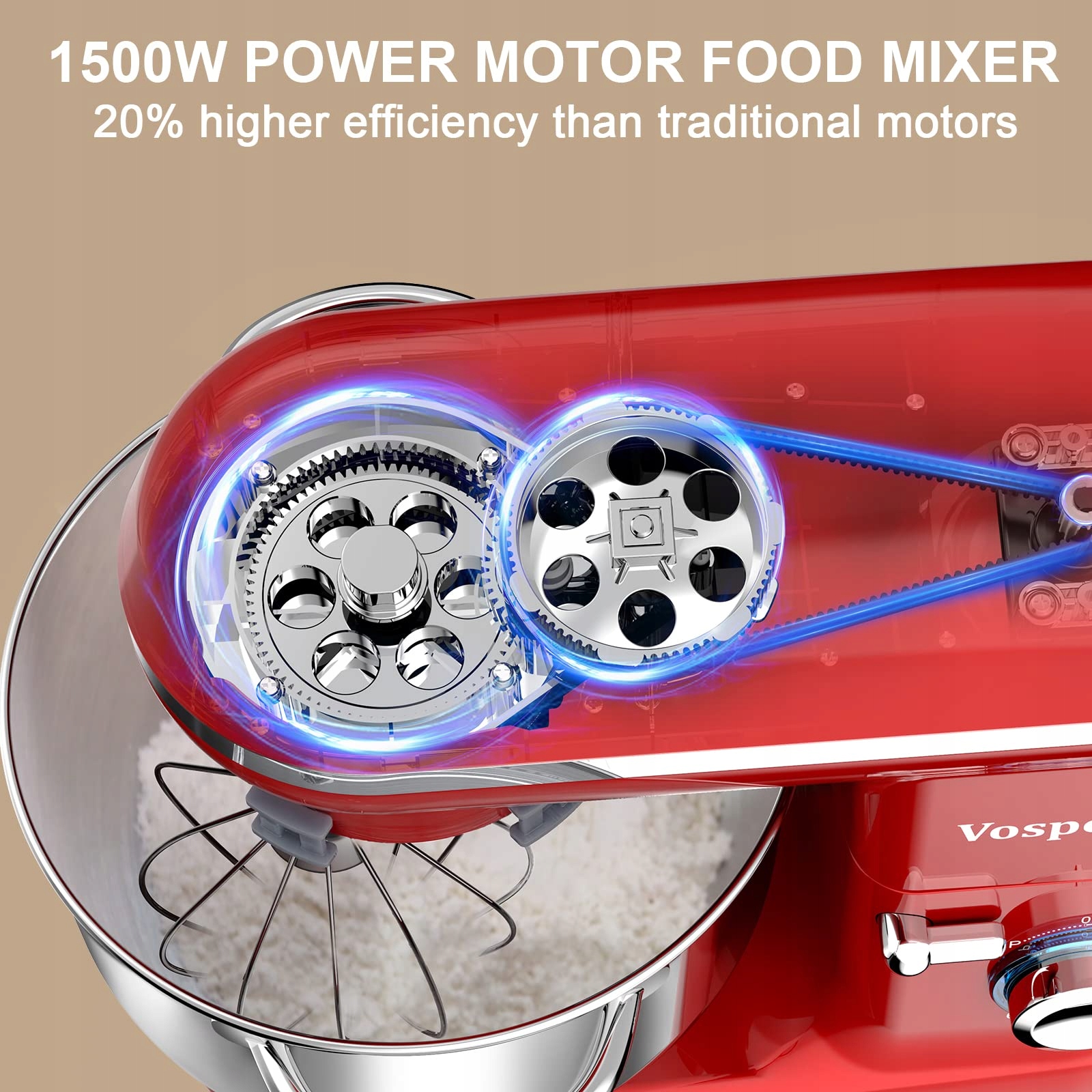 VOSPEED Mikser Kuchenny 1500W 6 Prędkości 6.2L Misa Czerwony — miniatura 2
