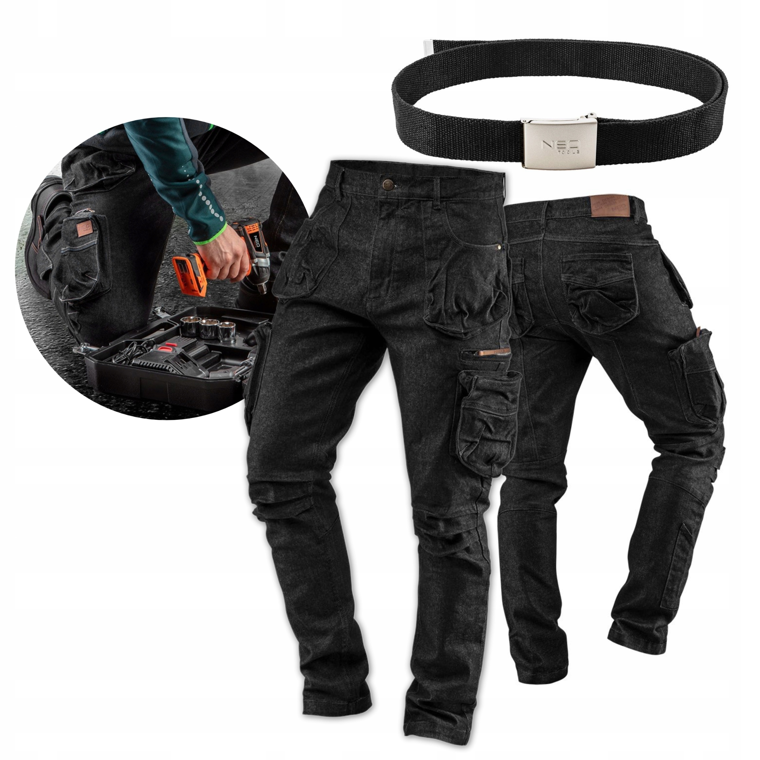 NEO SPODNIE ROBOCZE JEANS elastan DENIM XL + PASEK Długość spodni długie