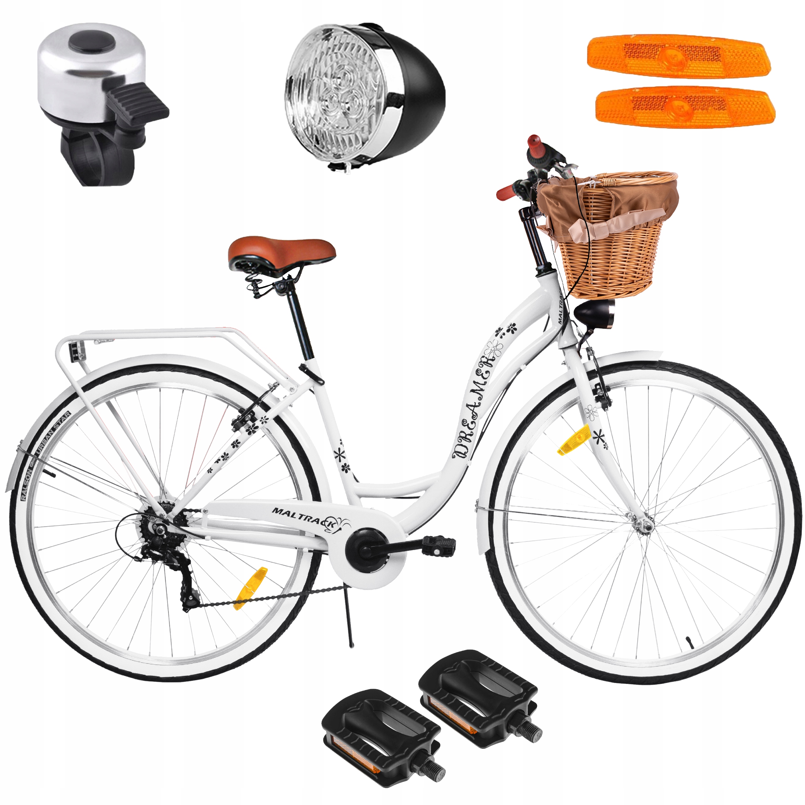 ROWER MIEJSKI DAMSKI 28'' DAMKA WIKLINOWY KOSZ ŚWIATŁA 6 PRZERZUTKI SHIMANO