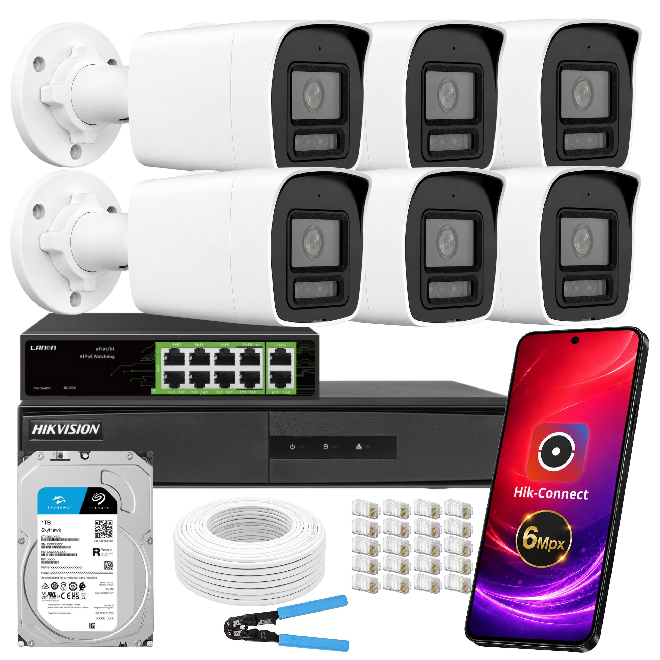 Sada na monitorovanie 6 vonkajších Ip kamier PoE 6Mpx Nvr Hikvision s diskom 1TB