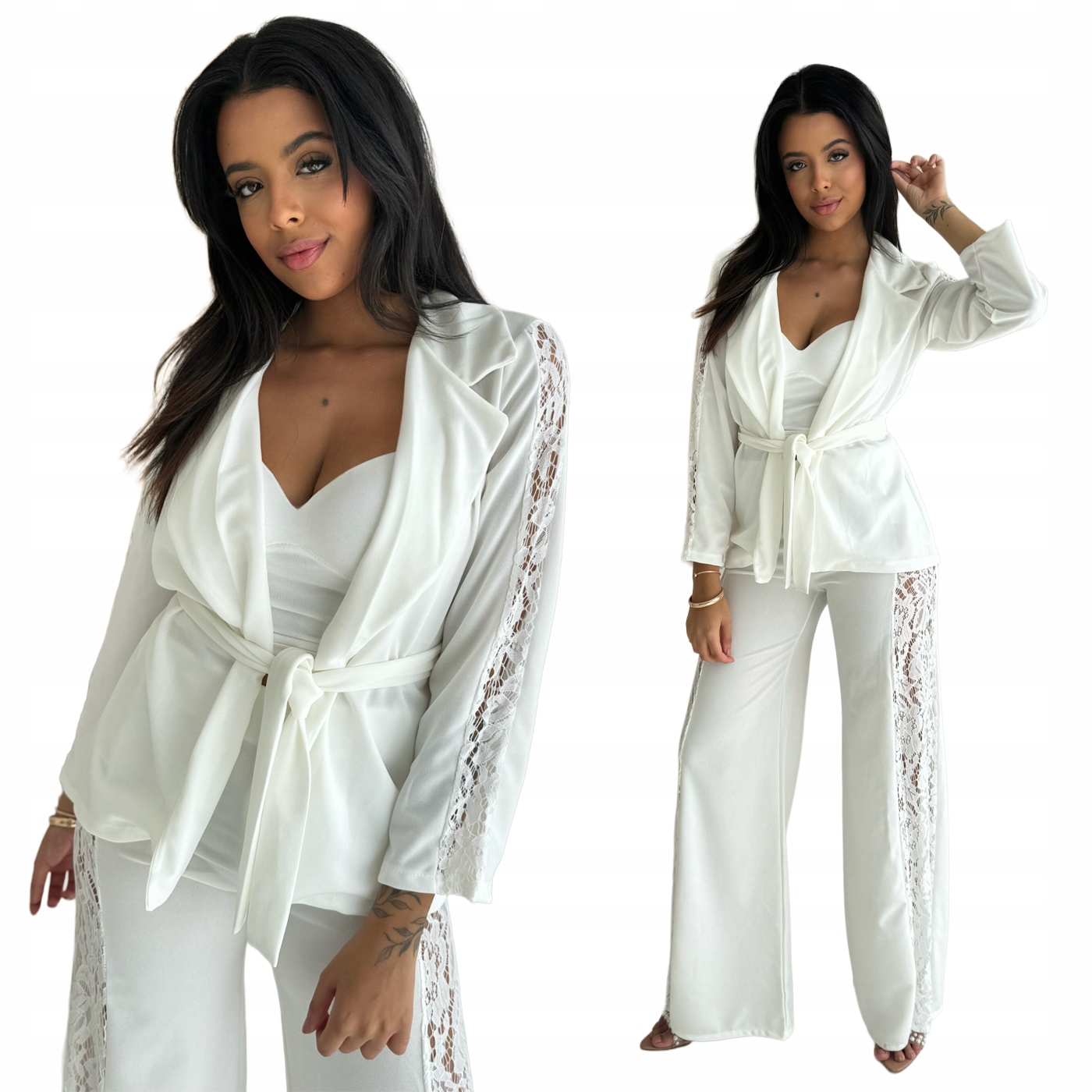 Komplet s krajkou, sako s páskem v pase a zvonové kalhoty, krémová barva