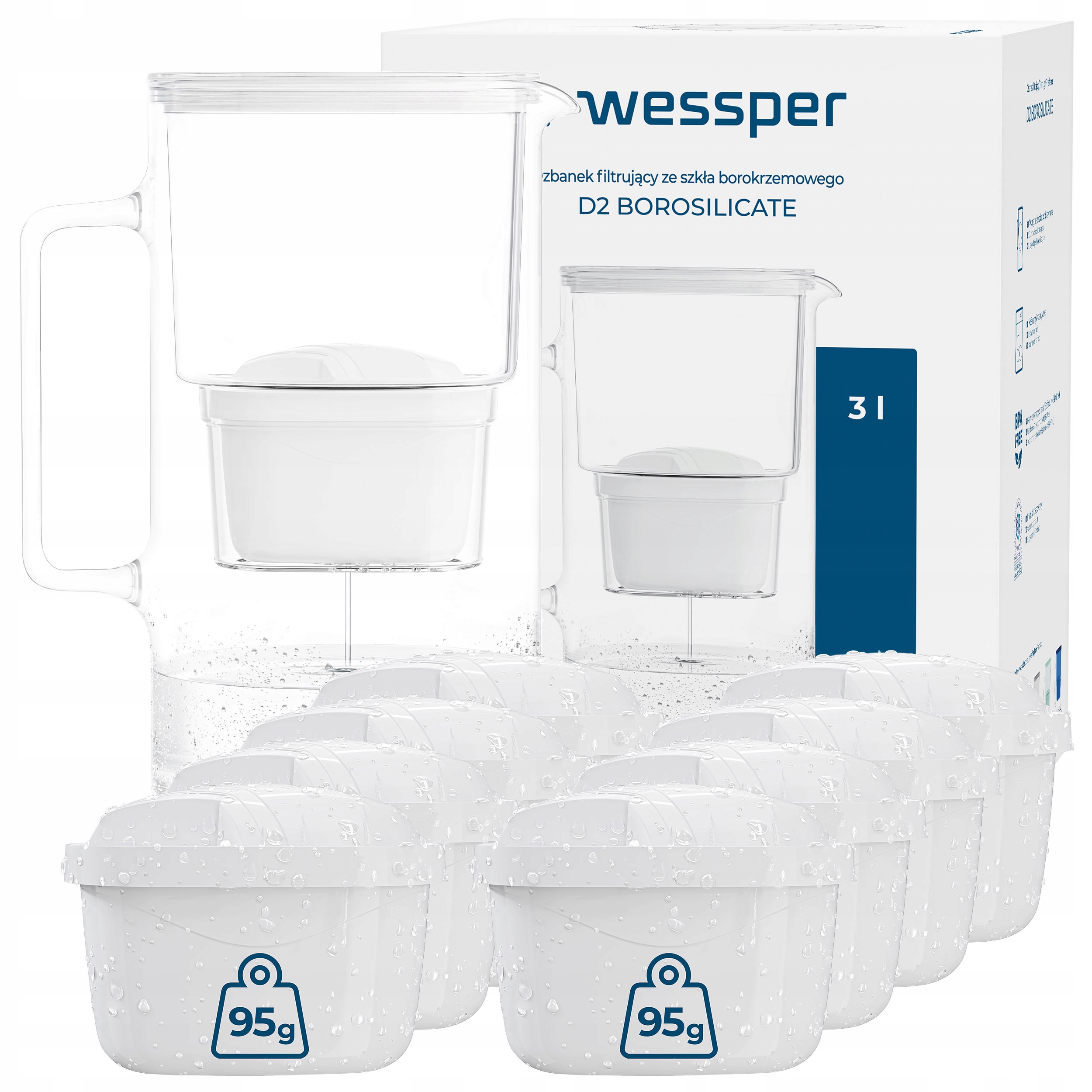 Filtrační Skleněná Konvice Wessper D2 Borosilicate 3 l 9 x filtr aquamax