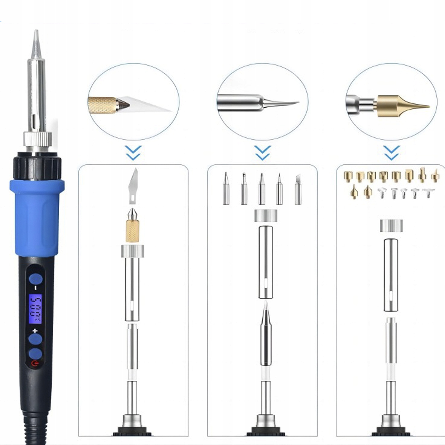 PRECYZYJNA LUTOWNICA LCD Duży Zestaw Lutowniczy 13 Elementów ORGANIZER 100W Napięcie zasilania 230 V