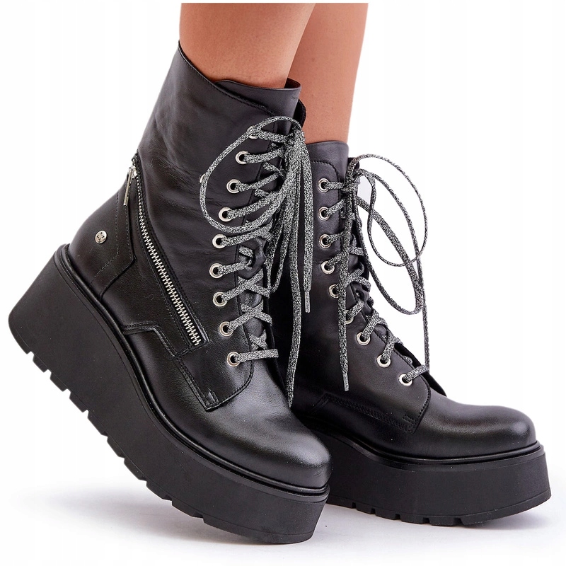 Kotníkové Boty Workery Přírodní Kůže Platforma Koturn Maciejka 06676-01 Černé 39