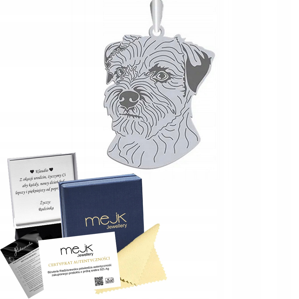 Stříbrný přívěsek s border teriérem Ag925 Dárek Žena Gravírování Bonus