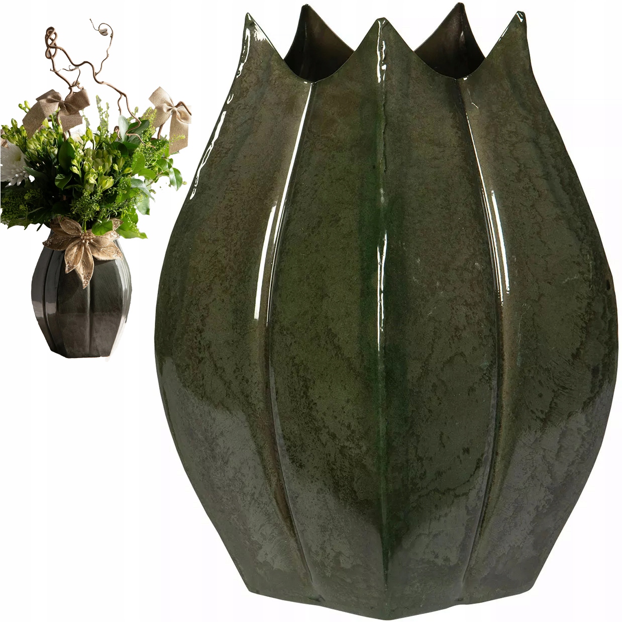 Váza Na Květiny Kytice Zelená 30 cm kovová loftová vysoká velká do obývacího pokoje