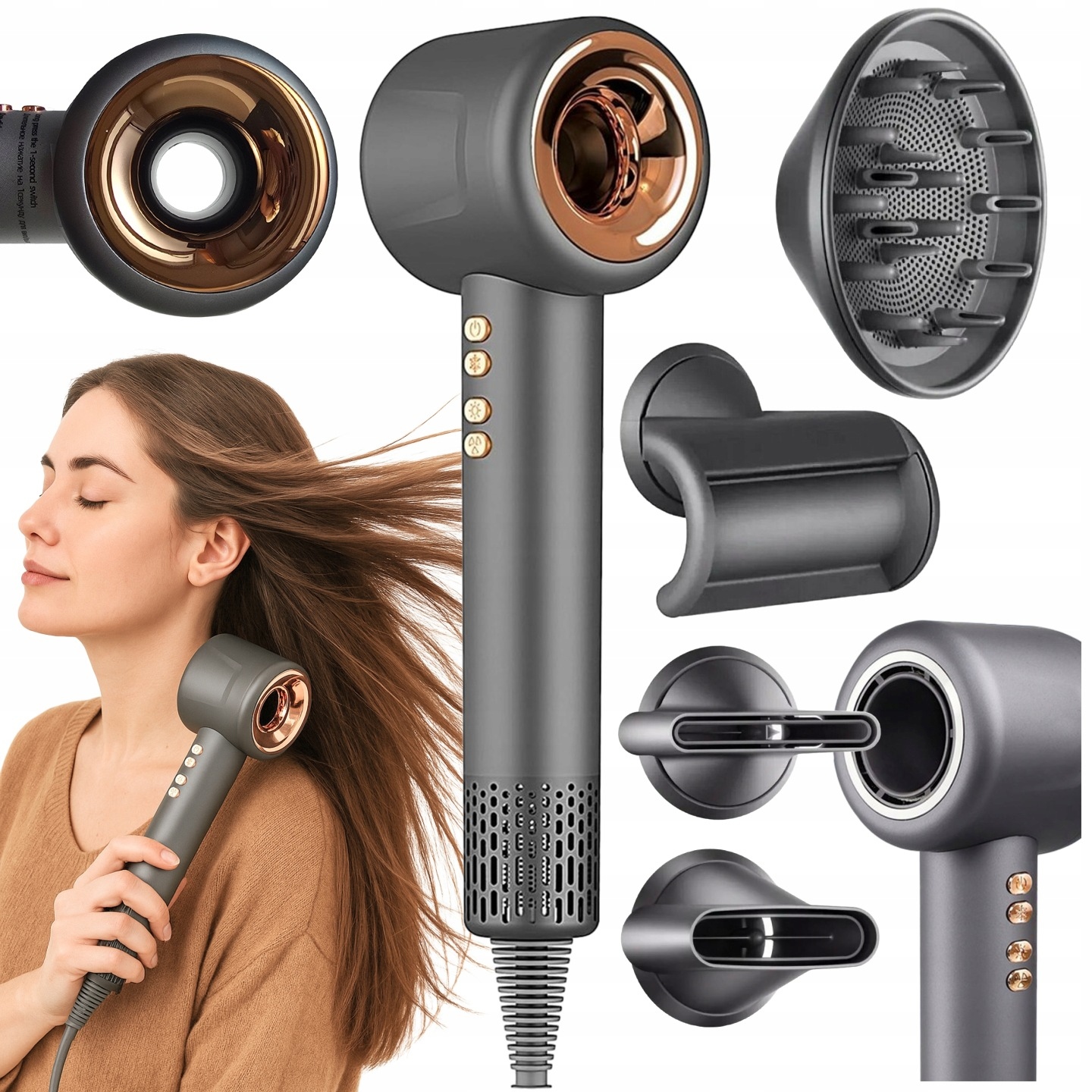 Profesjonalna Suszarka Do Włosów Z Jonizacją 1600W 4 Końcówki Hair Dryer