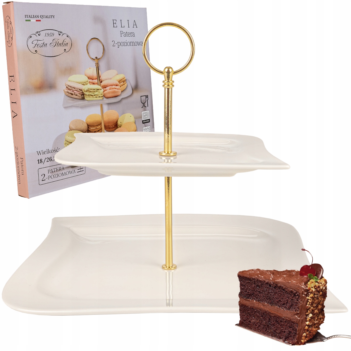 PATERA DWA POZIOMY PORCELANOWA BIAŁA ZŁOTA NA PRZEKĄSKI CIASTO
