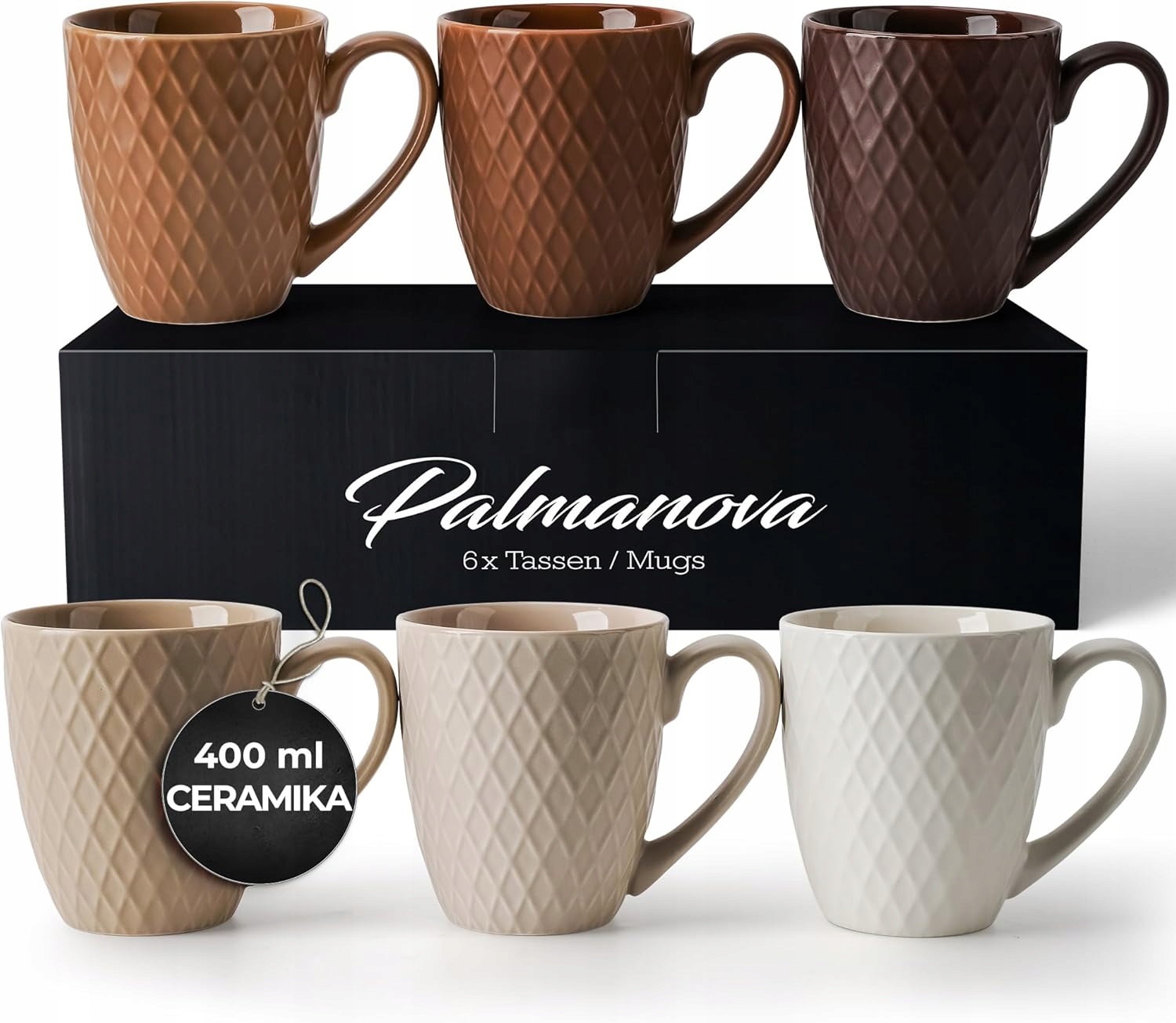 Keramické Šálky 400 ML Sada 6 Kusov Palmanova Farba Hnedá