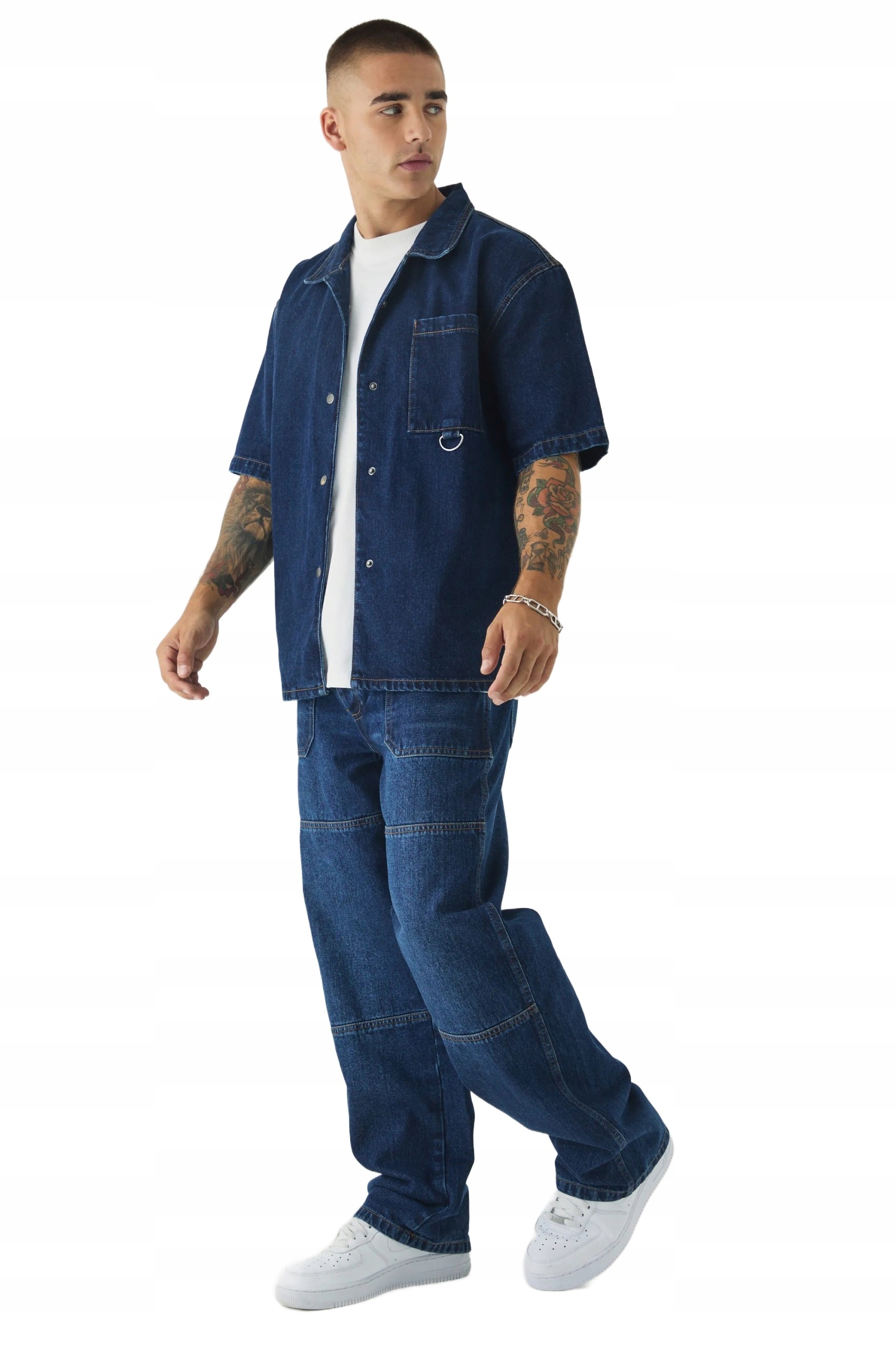 Boohooman Pánská Košile Casual Jeans Krátký Rukáv Tmavě Modrá S Z3A