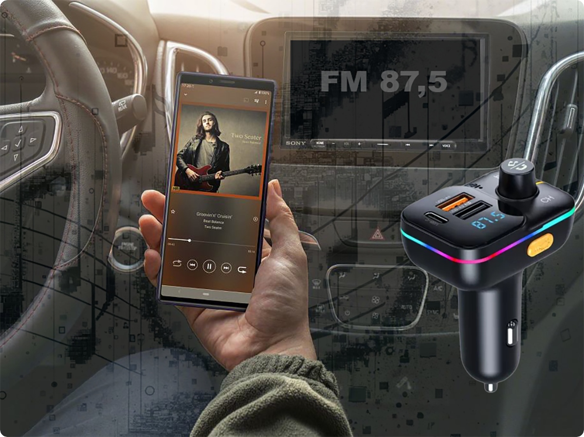 TRANSMITER SAMOCHODOWY AUDIO FM MP3 SZYBKA ŁADOWARKA QC 3.0 MicroSD 3x USB Źródło sygnału bluetooth karta pamięci USB