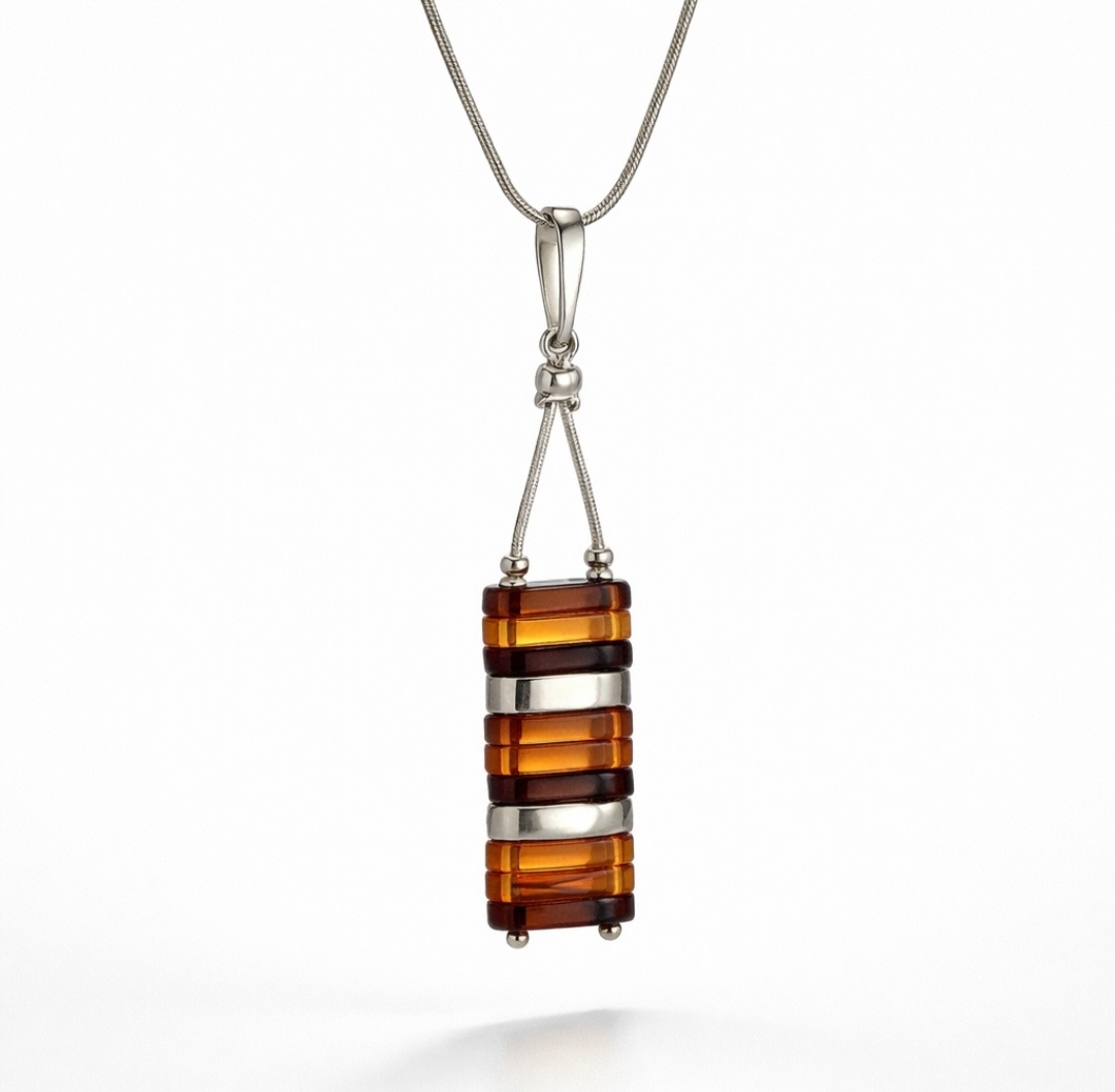 Geometrický Stříbrný Přívěsek Baltský Jantar Dárek Pro Ženu