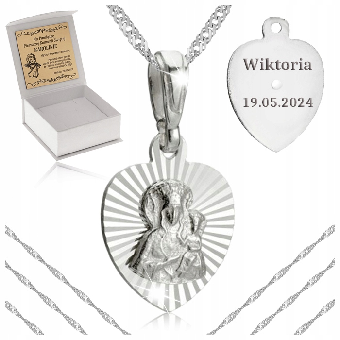 SREBRNY ŁAŃCUSZEK SINGAPUR + MEDALIK 925 MATKA BOSKA + GRAWER BIERZMOWANIE