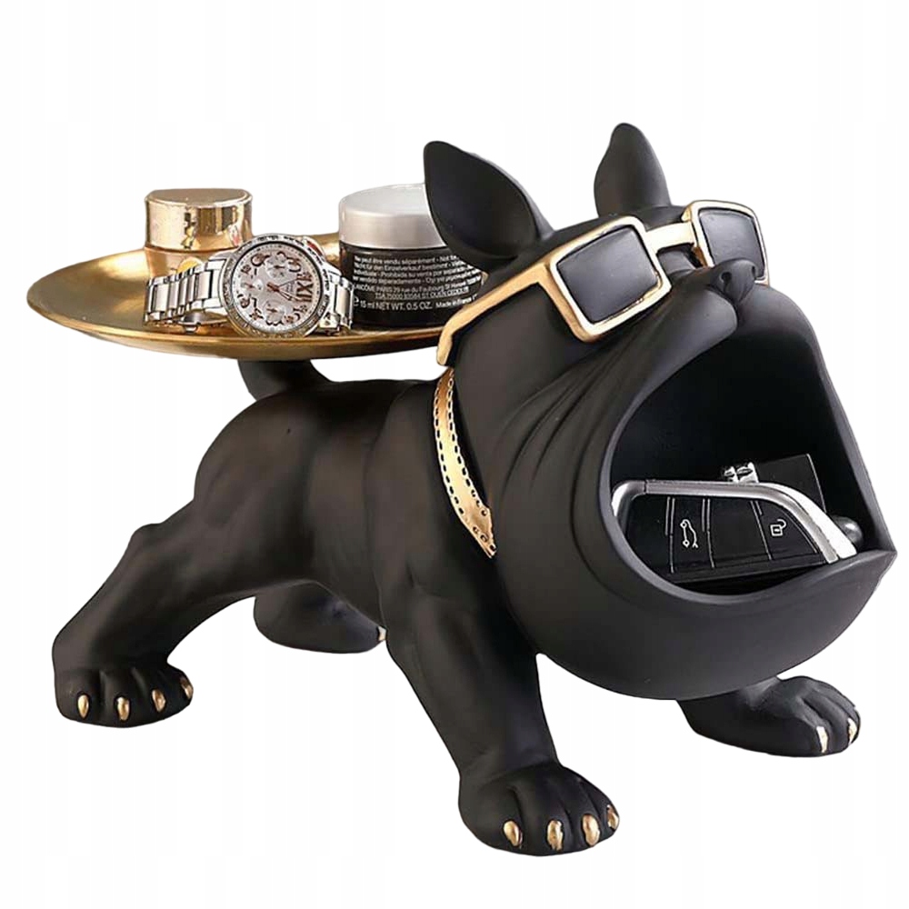 BULDOG FRANCUSKI RZEŹBA FIGURKA PSA STATUA SKARBONKA Z TACAMI ZŁOTE PREZENT