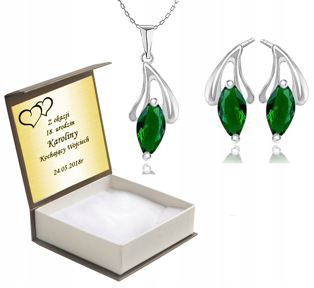 

Komplet Biżuterii Srebrnej Z Zielonymi Cyrkoniami