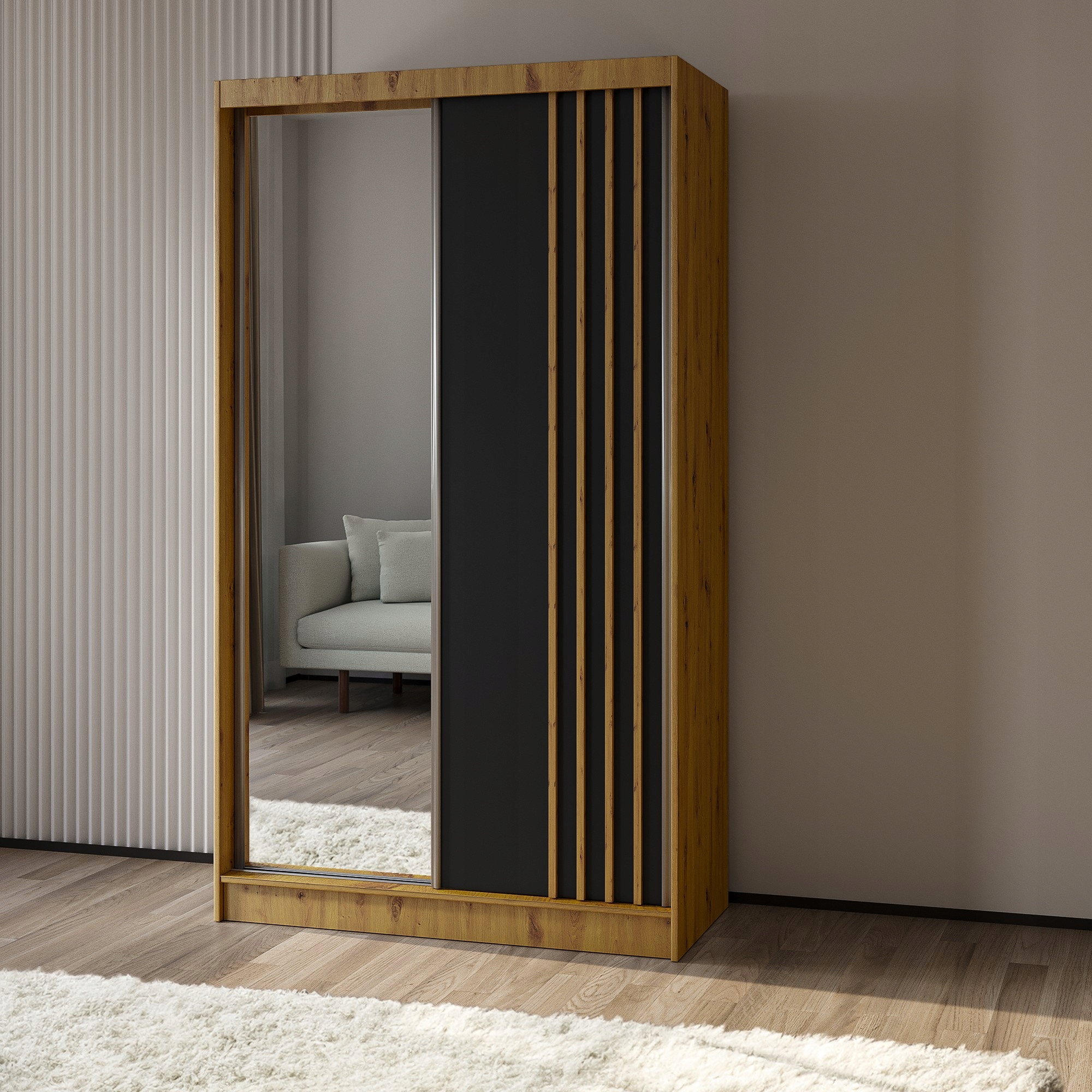 Skříň Nelvia 120 cm Skříň se zrcadlem Posuvná dub artisan