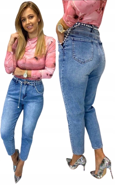 

Jeansy Mom Fit+łańcuszek pasek M.Sara wysoki stan