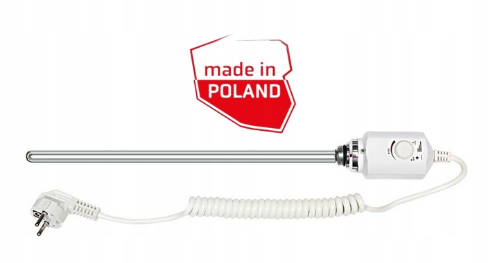 Polská ohřívačka pro koupelnové radiátory, termostat, závit 1/2", 900 W, bílá