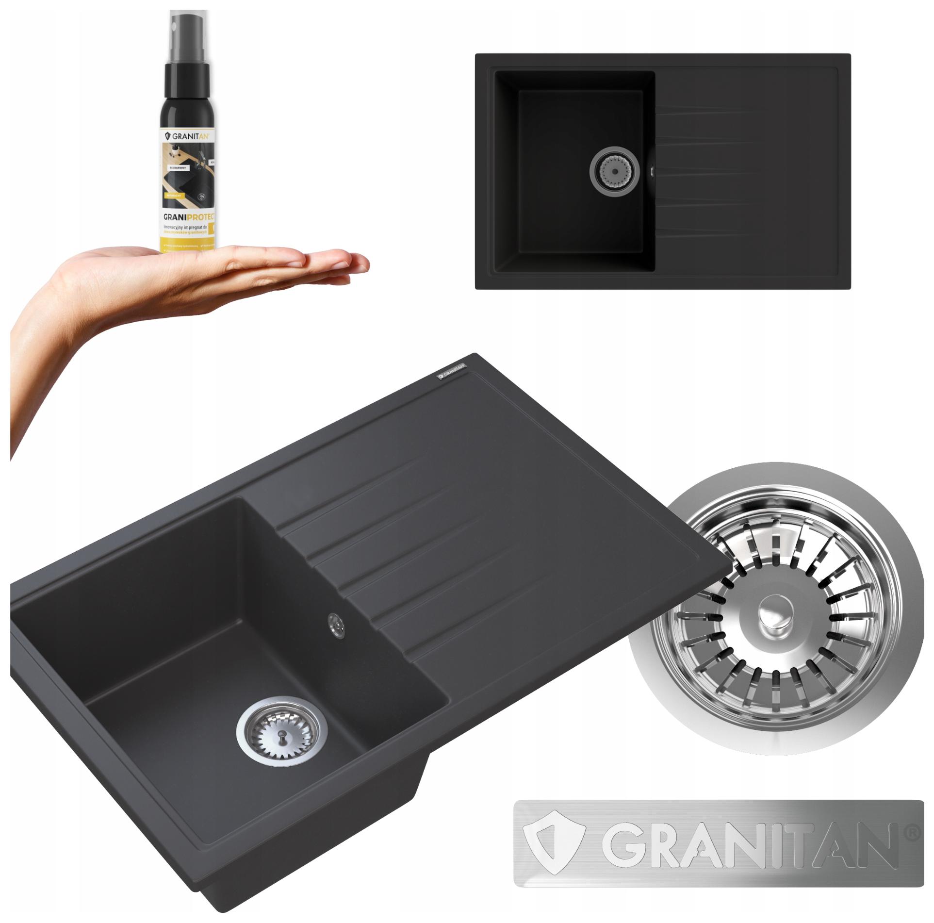 Jednokomorový granitový drez Umývadlo Eris sifónová impregnácia sada 3v1