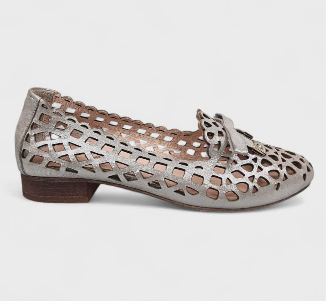 Baleríny Lordsy Dámské Ažurová Kůže Boccato 010.3939 Stříbrné vel. 37