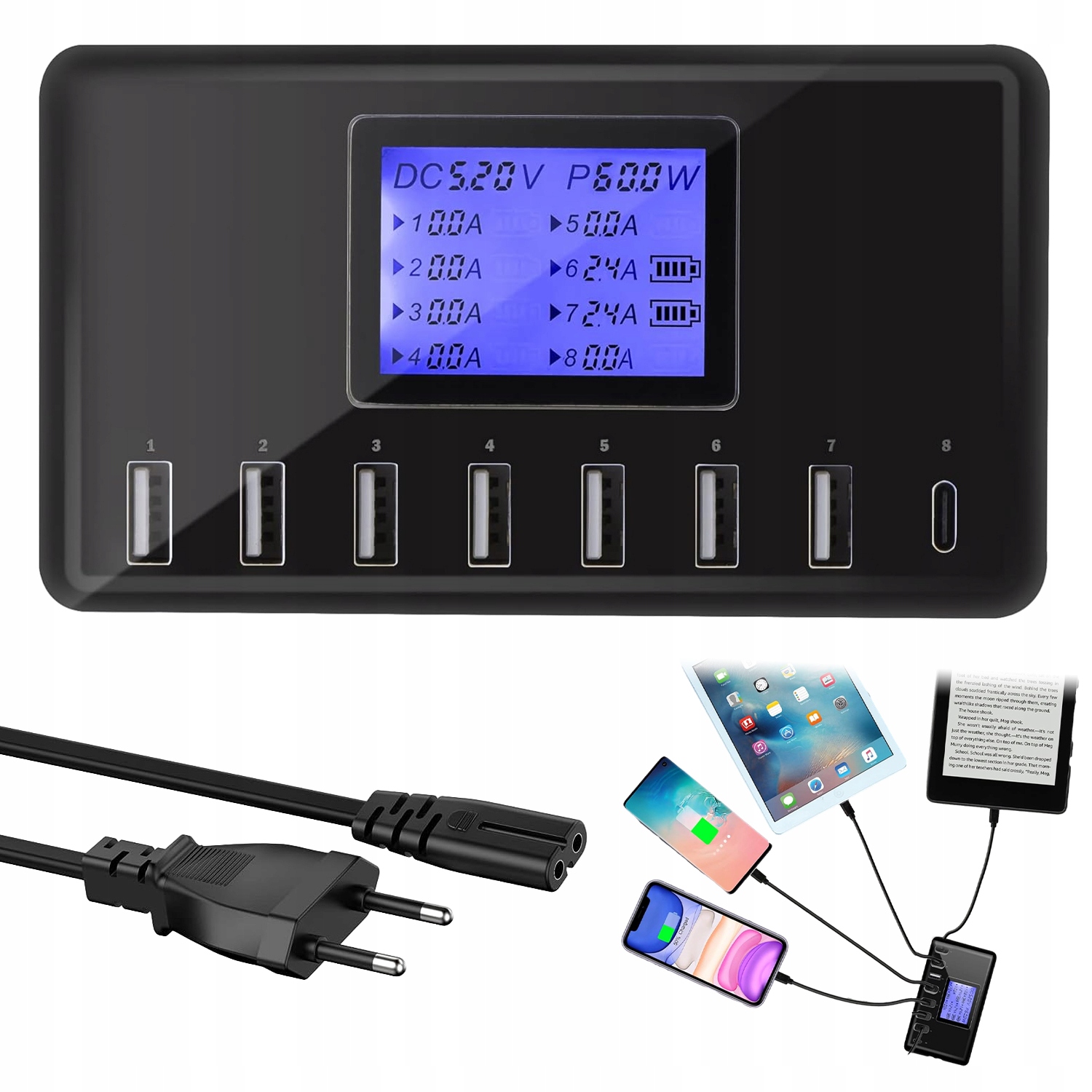 Szybka Ładowarka Usb Zasilacz 60W Do Telefonu Laptopa 8*USB