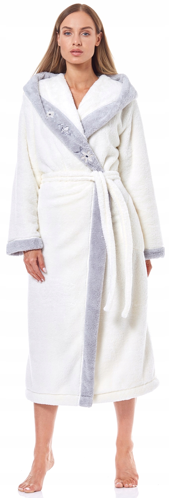 DŁUGI CIEPŁY PUCHOWY DAMSKI SZLAFROK PODOMKA 4XL Kaptur z kapturem