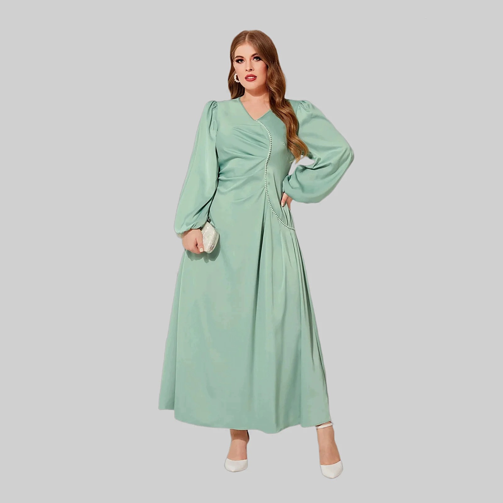 Šaty zelená s výstřihem do V, nařasená, velikost 4XL, velikost 48