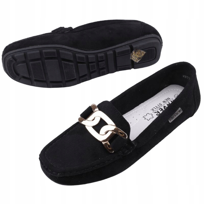 Czarne Mokasyny Damskie Półbuty Zamszowe Wsuwane Wkł. Ekoskóra