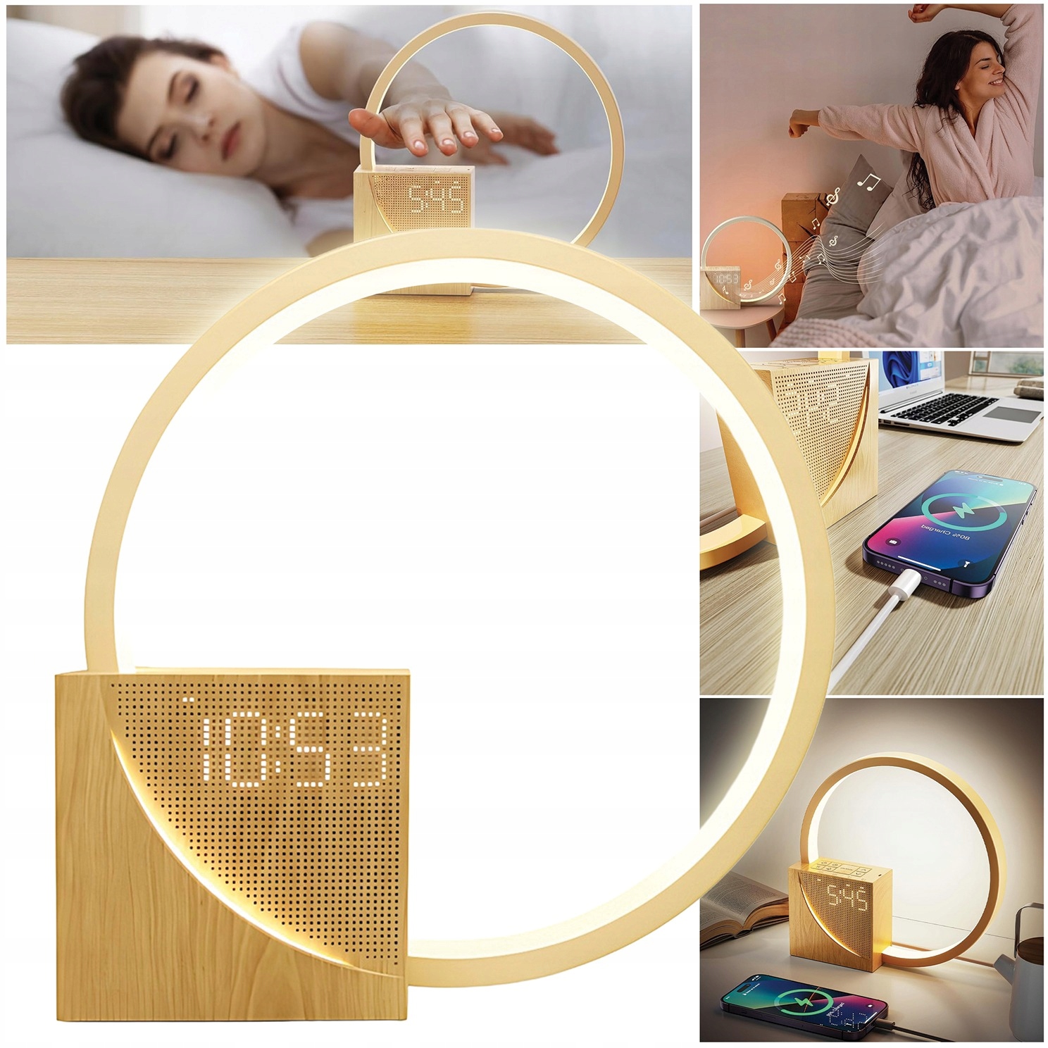 Noční Lampa Dotyková Budík Multifunkční Stmívatelná Bílá Šumové Hodiny