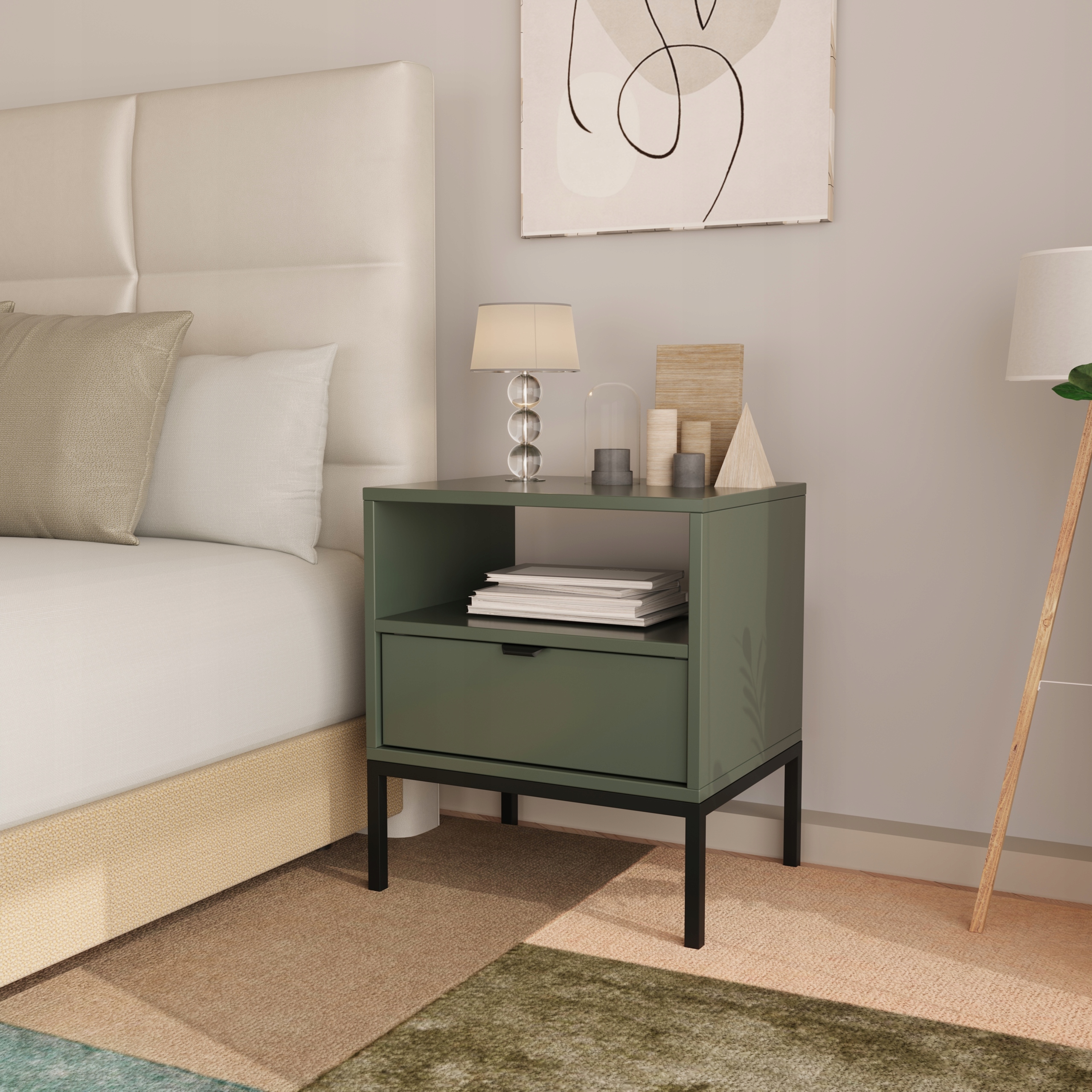 Noční stolek, 1 šuplík a polička na kovovém rámu Šalvějová Aura