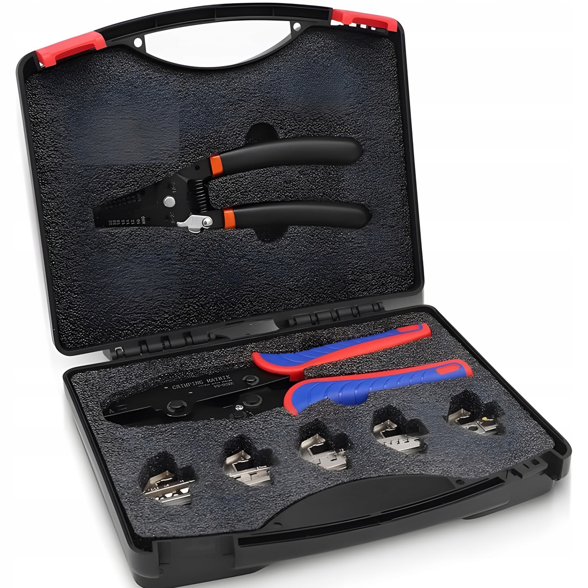 Sada kleští na krimpování hrotů s 5 vyměnitelnými čelistmi